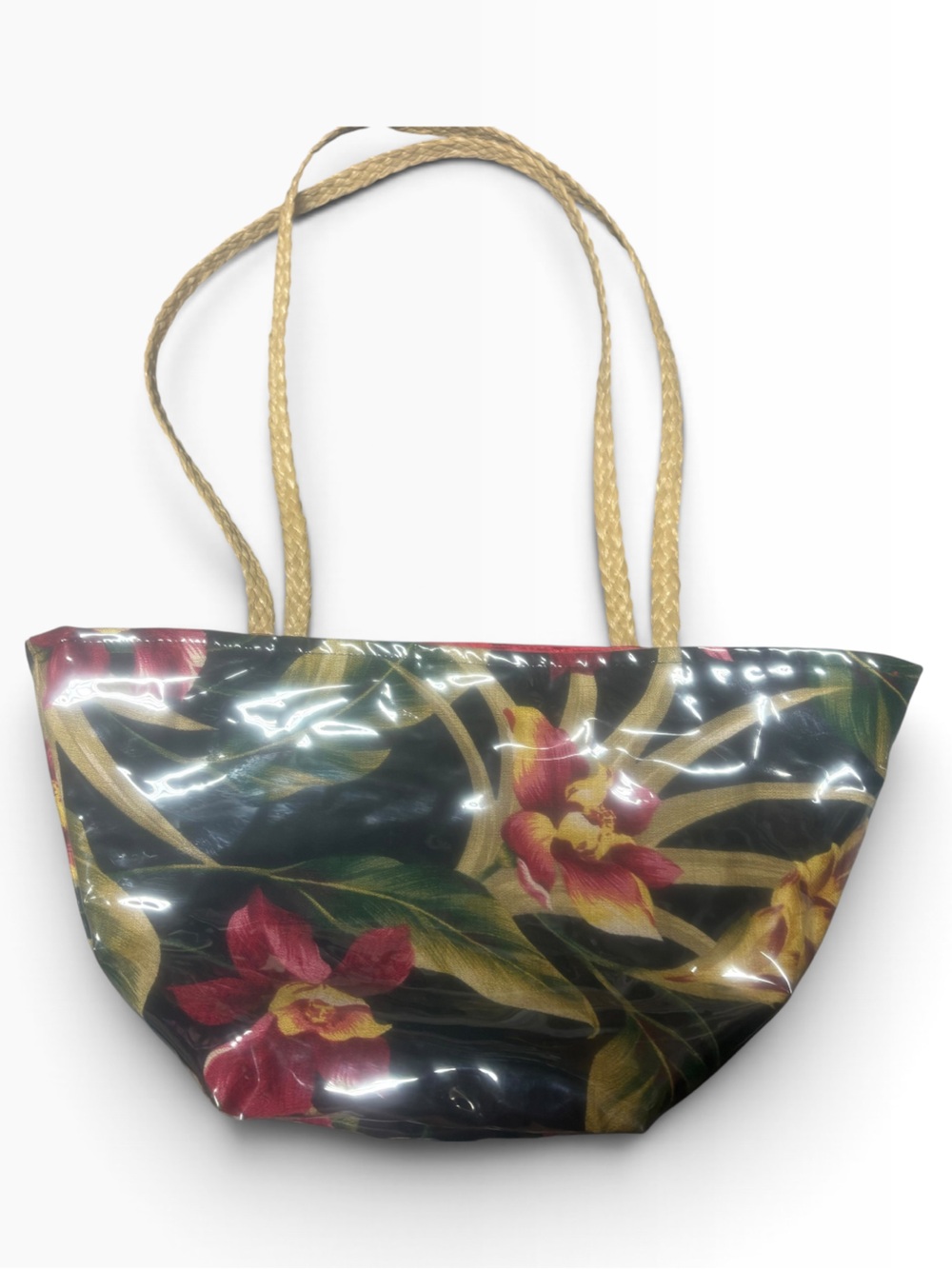 Black Floral Mini Tote with Braided Tan Handles